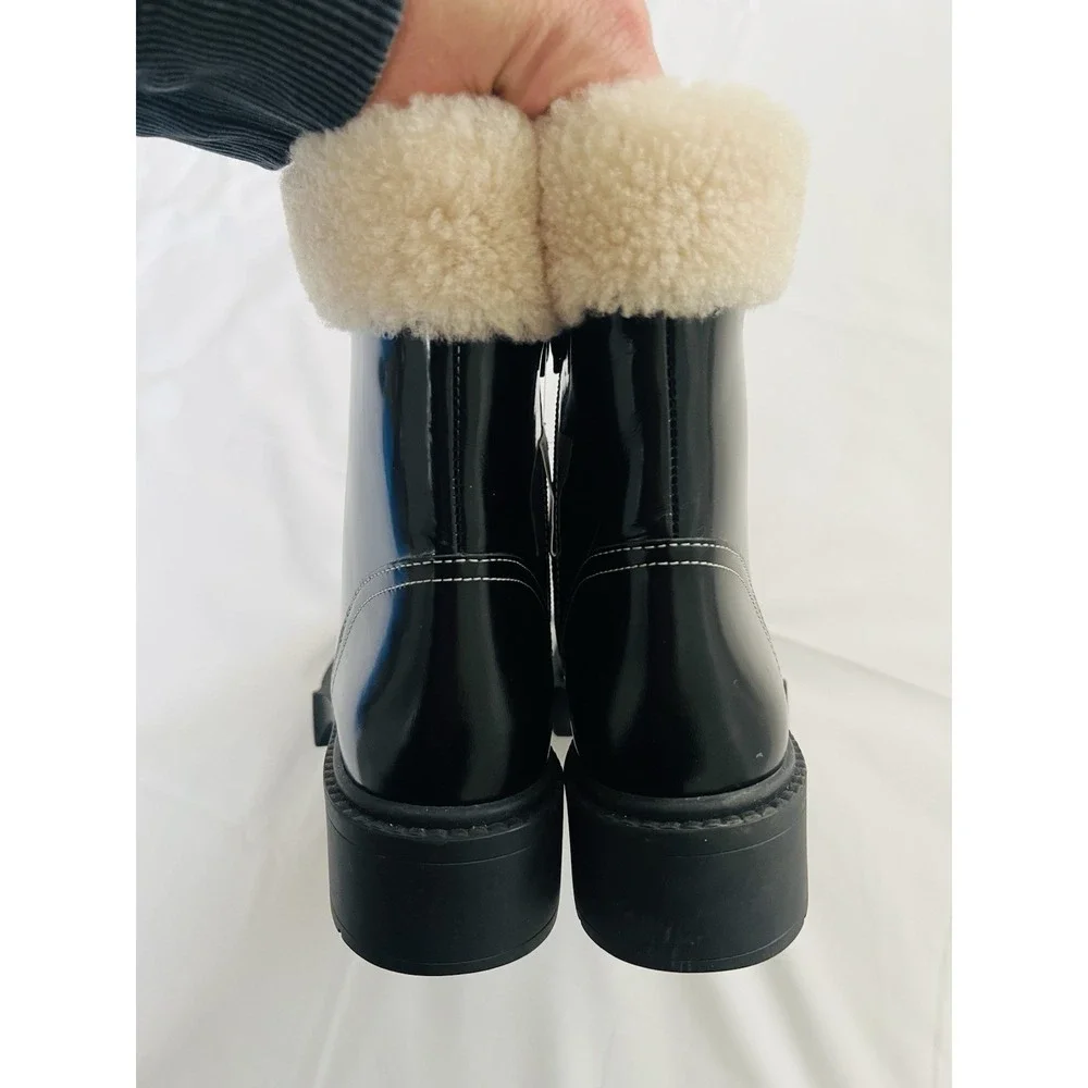 COACH Black High Shine Leather Shearling‎ Combat Booties Uniform Dress Shoes 5B - Picture 6 of 13